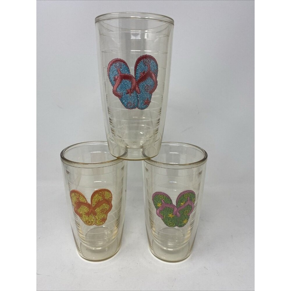 Lot of 3 Tervis Tumblers 16 oz Insulated Glasses Sparkly Flip Flops Blue Yellow